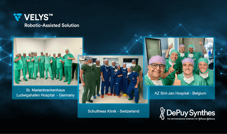 Surgical teams from Germany, Switzerland and Belgium after TKA surgeries performed using the VELYSTM Robotic-Assisted Solution